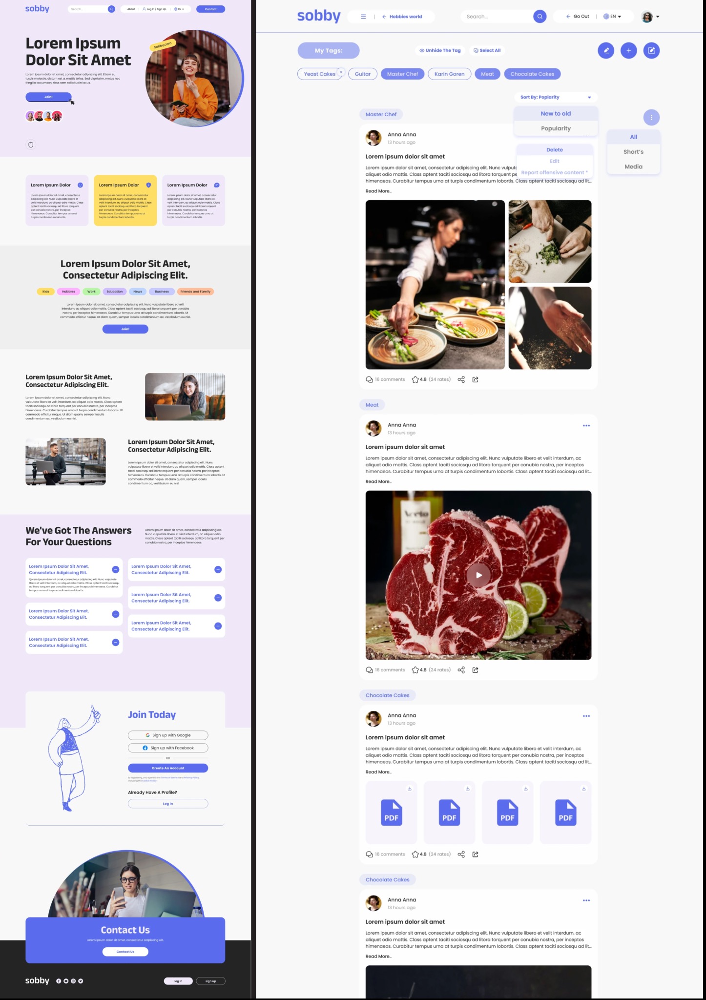 Projekt strony internetowej z elementami UI/UX, przedstawiająca różne sekcje i układ strony, z przykładami treści i grafik. Widoczne nagłówki, bloki tekstowe, zdjęcia i przyciski. Demonstracja...