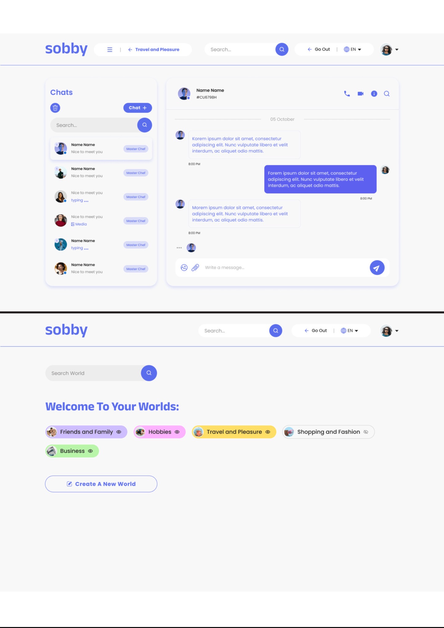 Interfejs aplikacji mobilnej z listą czatów i otwartym oknem konwersacji, utrzymany w jasnej kolorystyce z elementami fioletu i niebieskiego, prezentujący funkcje komunikacji i wysyłania wiadomości...
