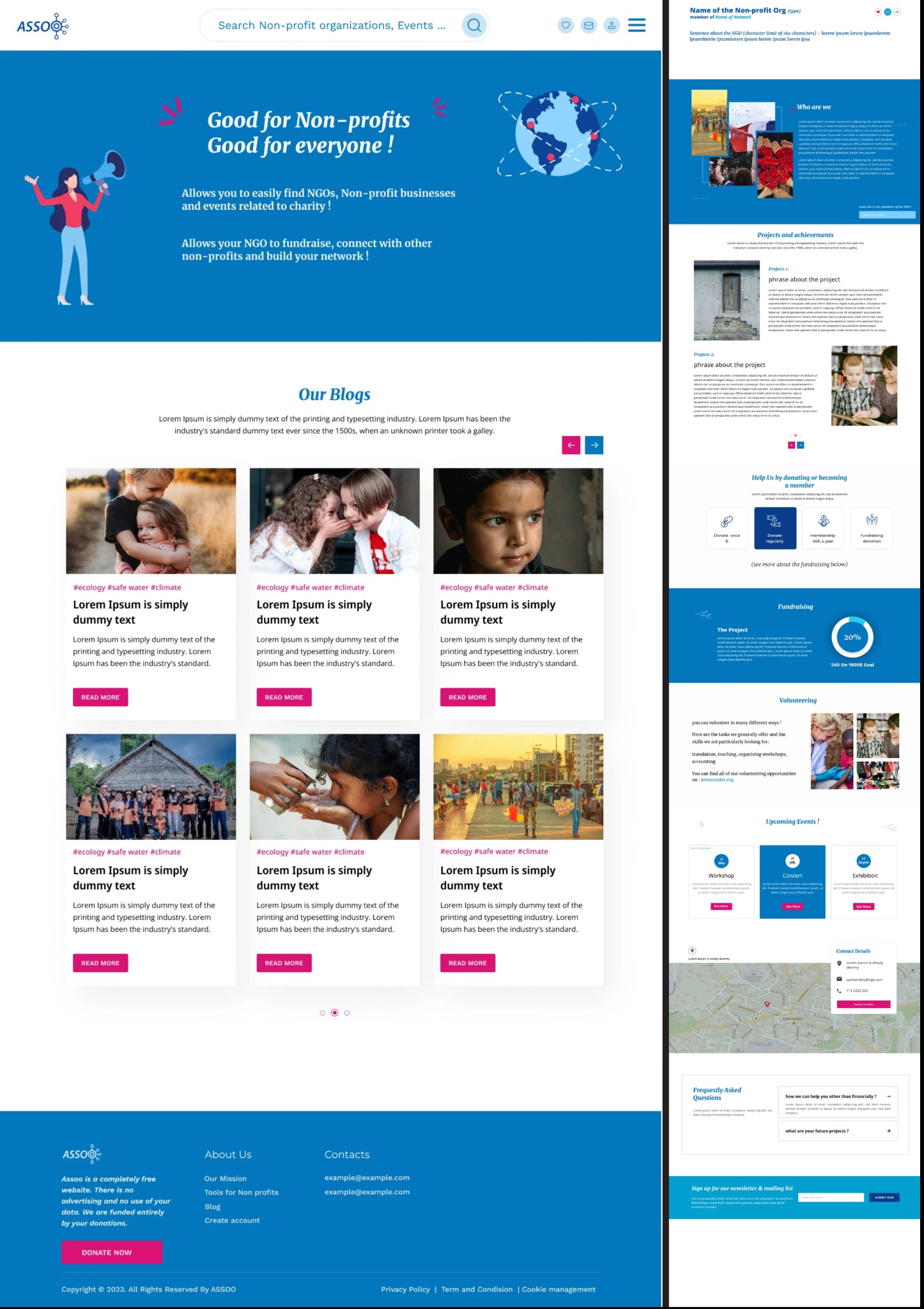 Layout strony internetowej organizacji non-profit z grafiką kobiety z megafonem, hasłem 'Good for Non-profits Good for everyone!', sekcjami z blogami, projektami, możliwościami wolontariatu...