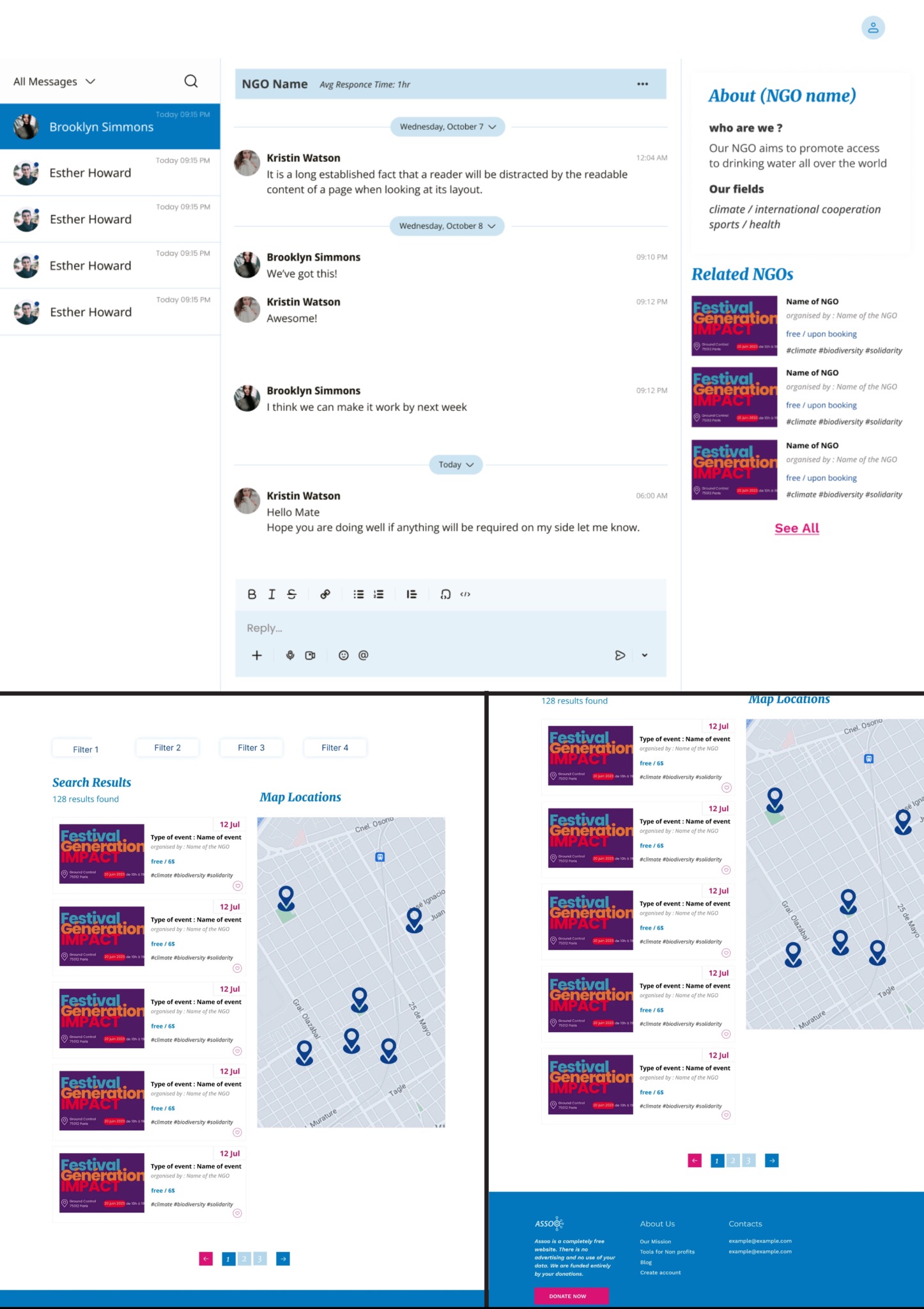 Mockup of a mobile application interface displaying chat conversations, NGO information, and event listings with map locations.