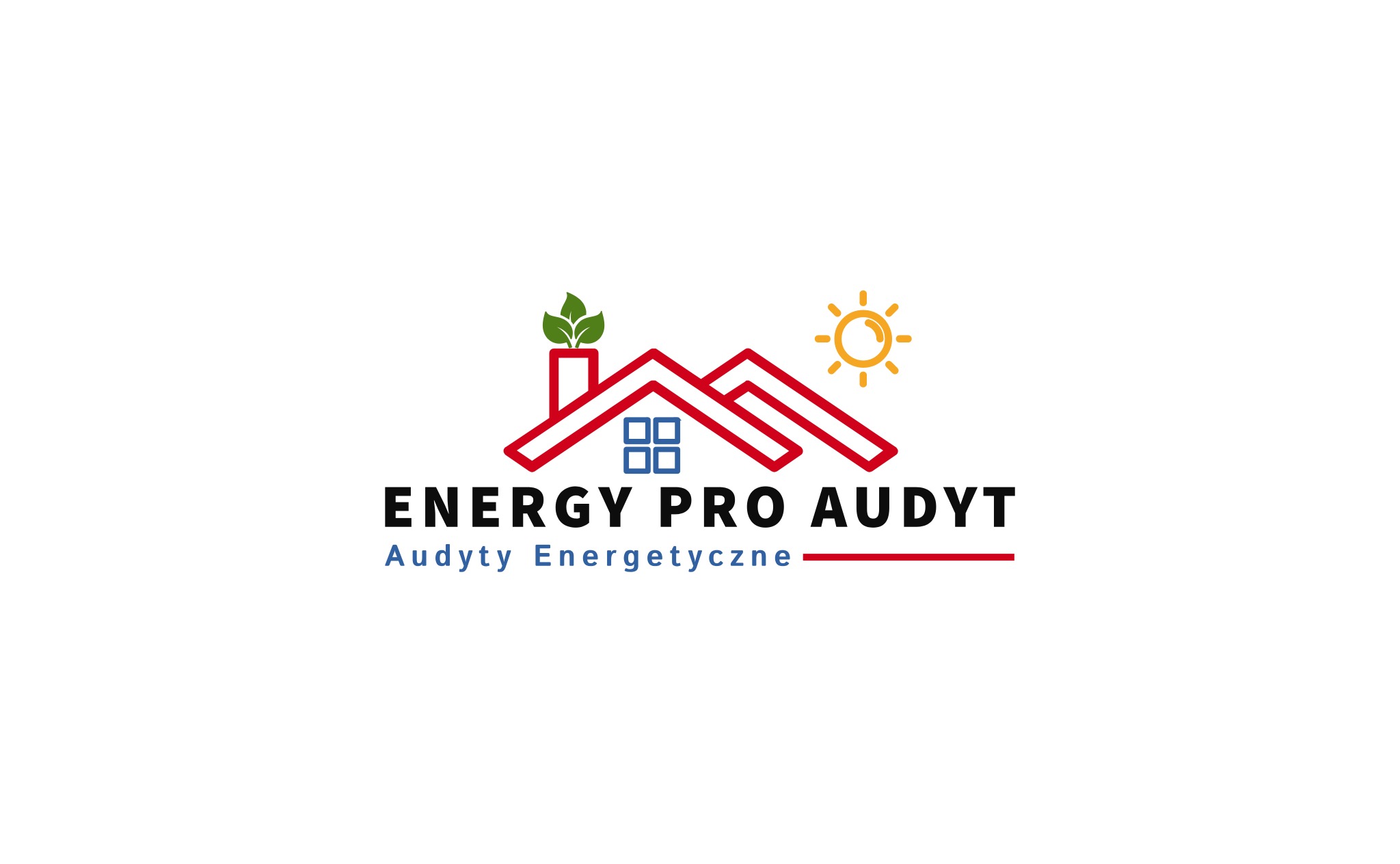 Logo firmy Energy Pro Audyt z motywem domu, komina z zielonymi listkami i słońca, promującej audyty energetyczne.