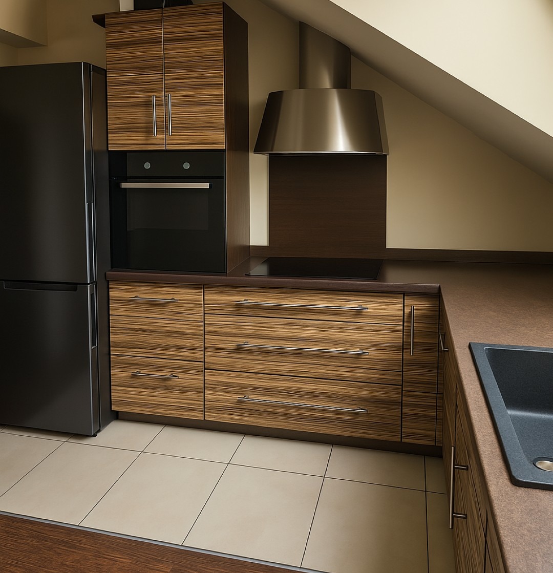 Zabudowa kuchenna z forniru w odcieniach brązu, z czarną lodówką i okapem w nowoczesnym wnętrzu ze skośnym sufitem. Widoczny fragment zlewu.