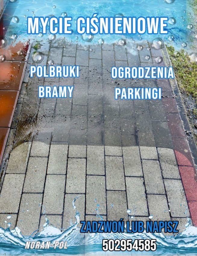 Grafika reklamowa z efektem mycia ciśnieniowego kostki brukowej, z widocznym porównaniem czystej i zabrudzonej powierzchni, oraz napisem 'Mycie ciśnieniowe: Polbruki, Bramy, Ogrodzenia, Parkingi.