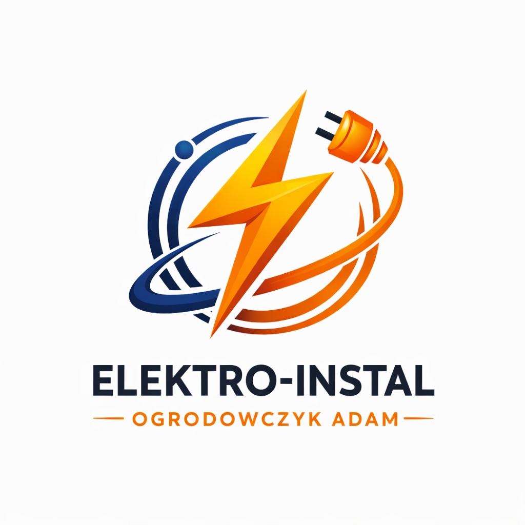 Logo firmy Elektro-Instal Ogrodowczyk Adam: pomarańczowy piorun i wtyczka w okręgu na białym tle.