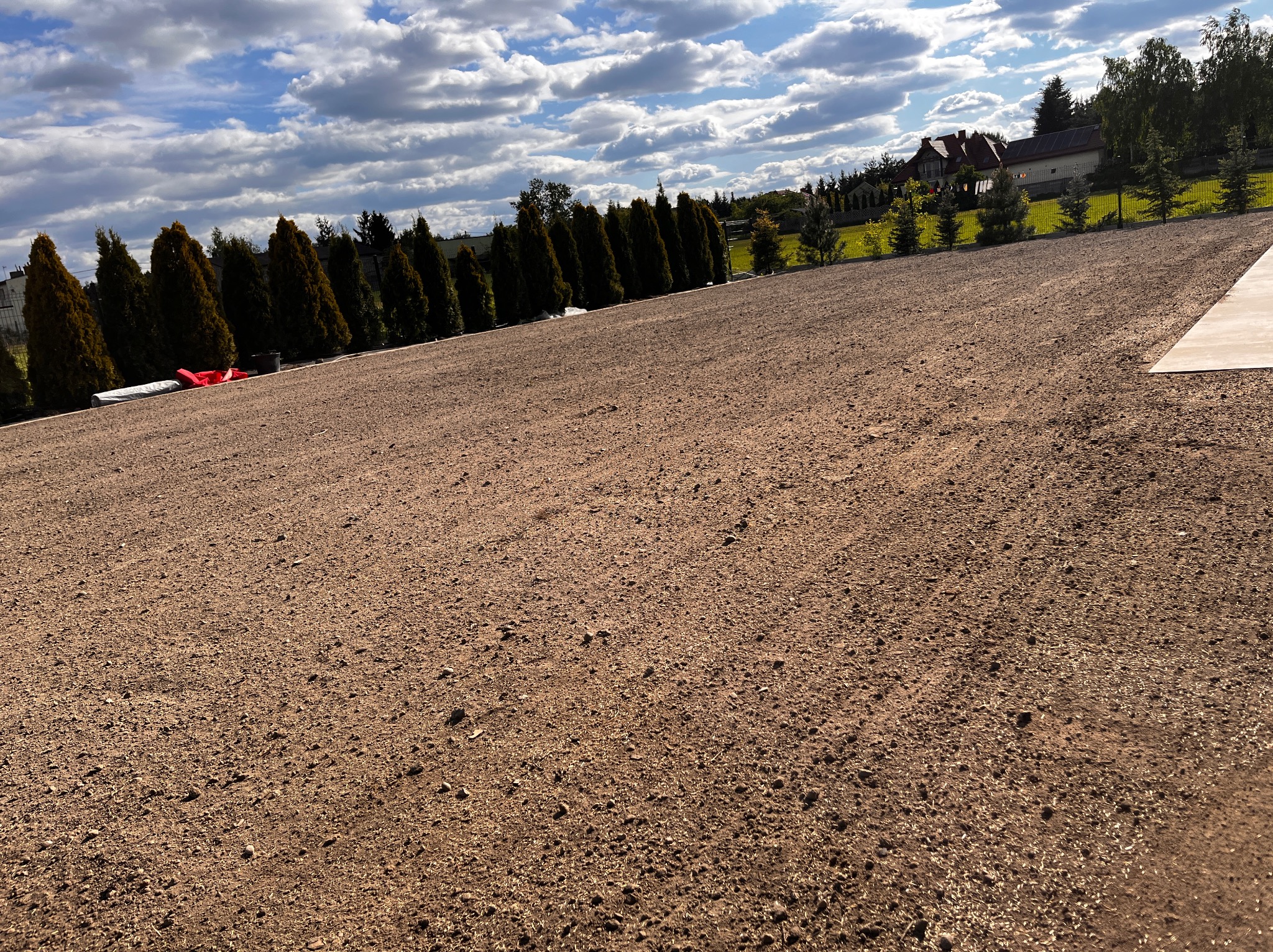 Ustabilizowany teren pod budowę z rzędem tuj i widocznym domem w tle. Przygotowany grunt pod przyszły ogród lub parking. Słoneczny dzień z chmurami.