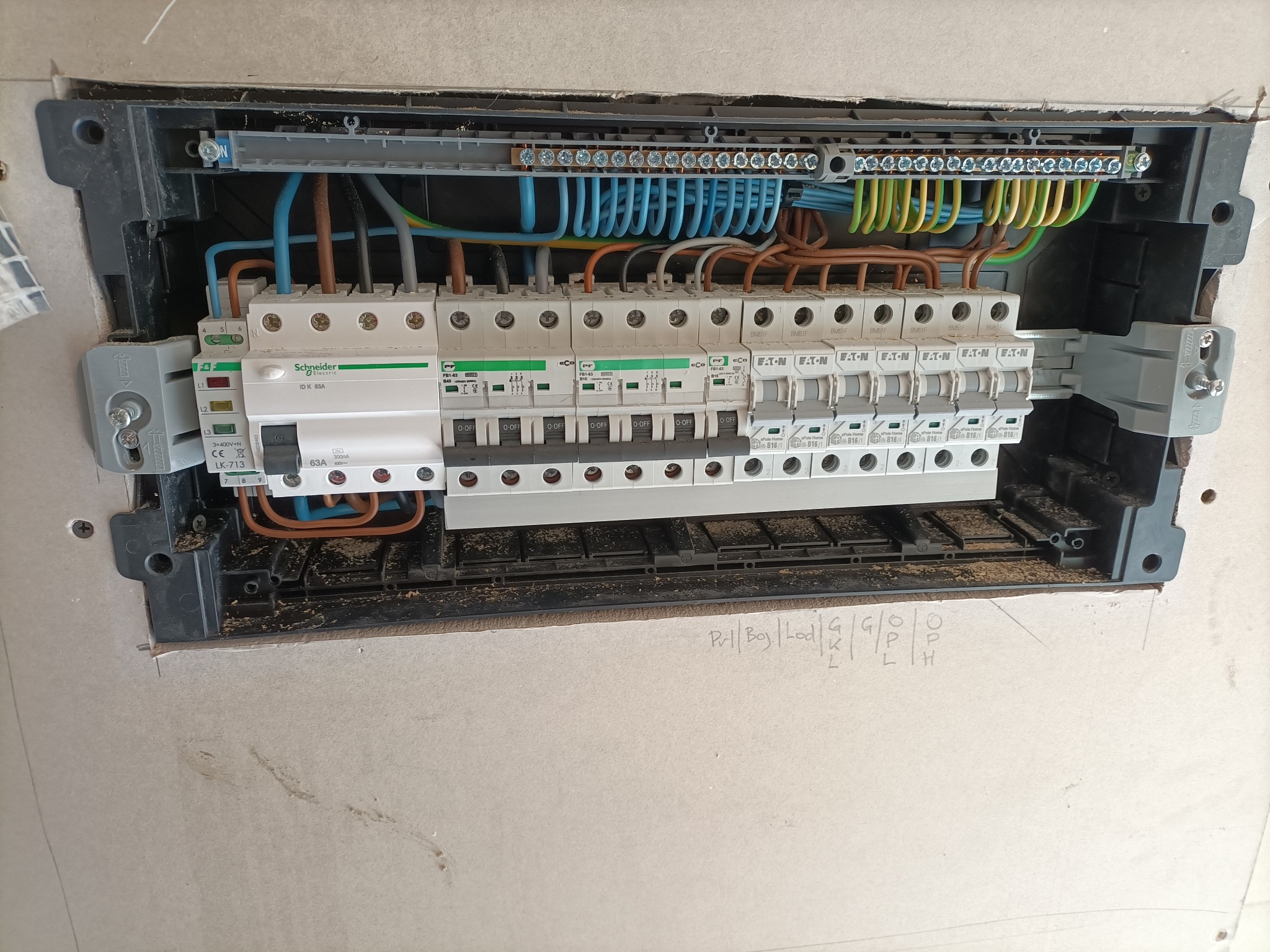 Otwarta skrzynka bezpiecznikowa z widocznymi przewodami w różnych kolorach, zamontowana w ścianie z płyt kartonowo-gipsowych. Widoczne oznaczenia bezpieczników.