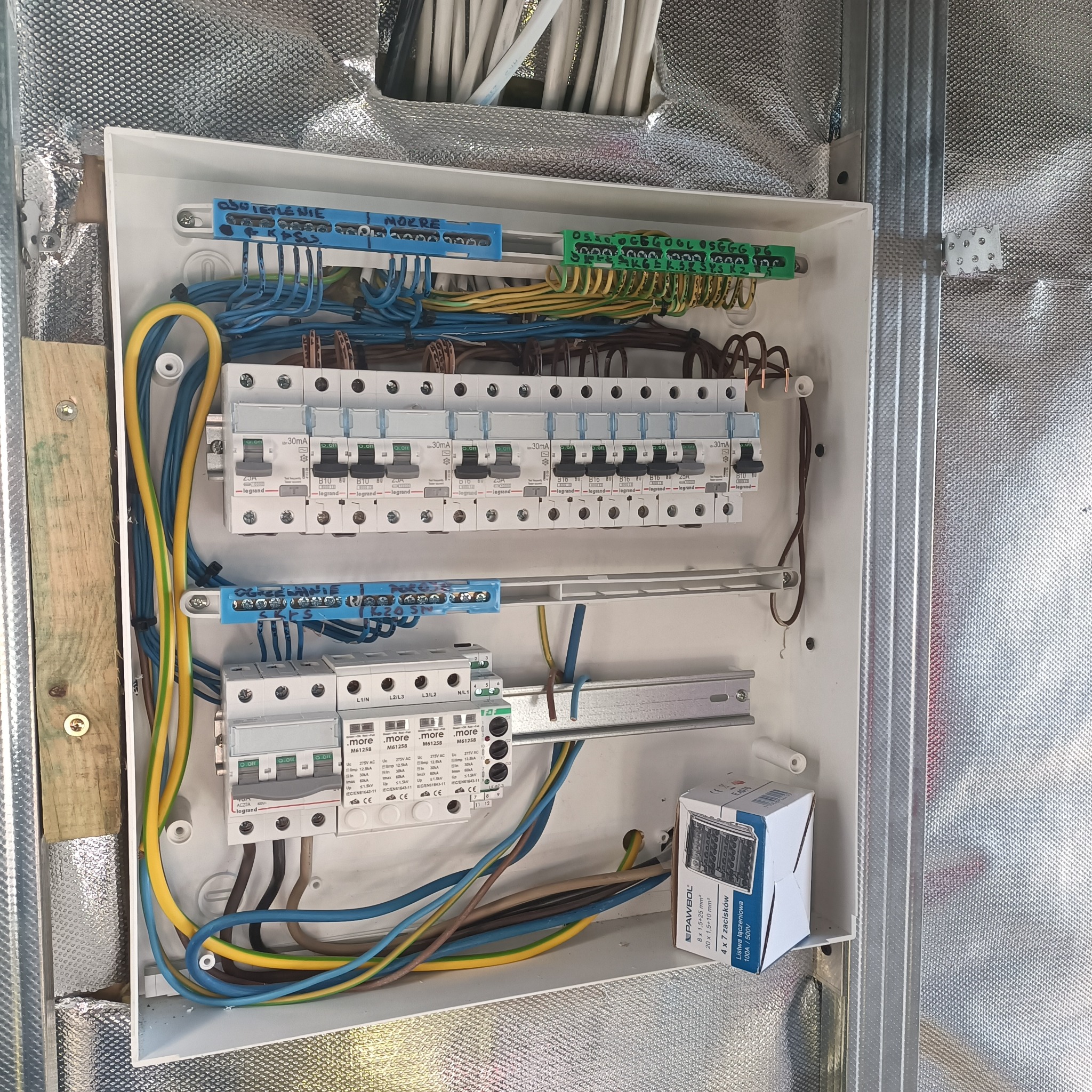 Rozdzielnica elektryczna w trakcie montażu, widoczne kable, bezpieczniki i listwy zaciskowe. Instalacja wewnątrz budynku, ściany wykończone folią aluminiową.