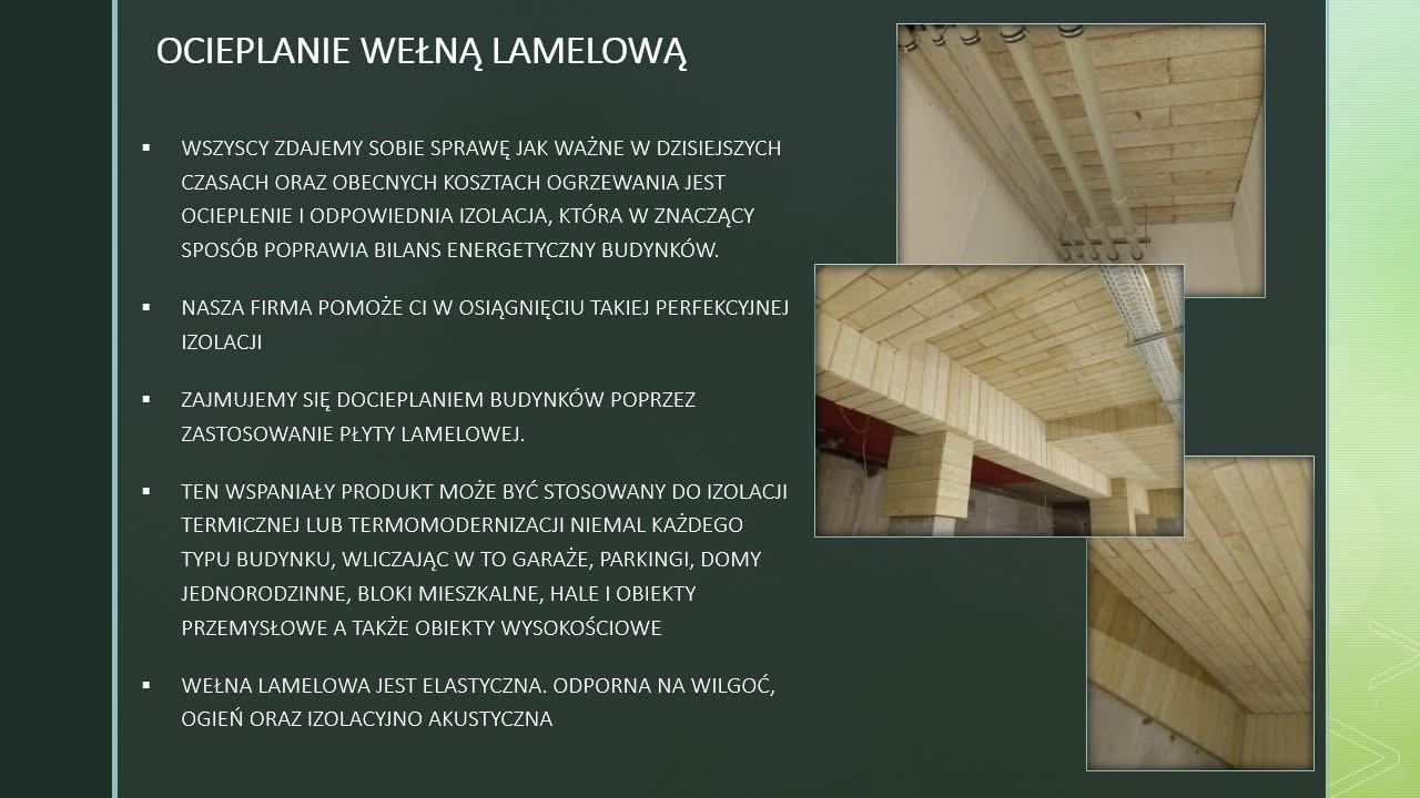 Grafika reklamowa ocieplania wełną lamelową, pokazująca przykładowe zastosowania na sufitach i ścianach budynków.