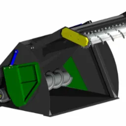 Model 3D frezu rolniczego z ostrzami, widoczne elementy hydrauliczne w kolorze niebieskim, osłony w kolorze zielonym i żółtym.