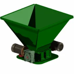 Zielony model 3D podajnika przemysłowego z dwoma silnikami elektrycznymi, prezentowany na białym tle.