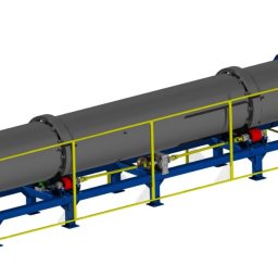 JMTEC Sp. z o.o. - Model 3D przemysłowej suszarki bębnowej z niebieską obudową i żółtymi barierkami ochronnymi, widok perspektywiczny na białym tle.