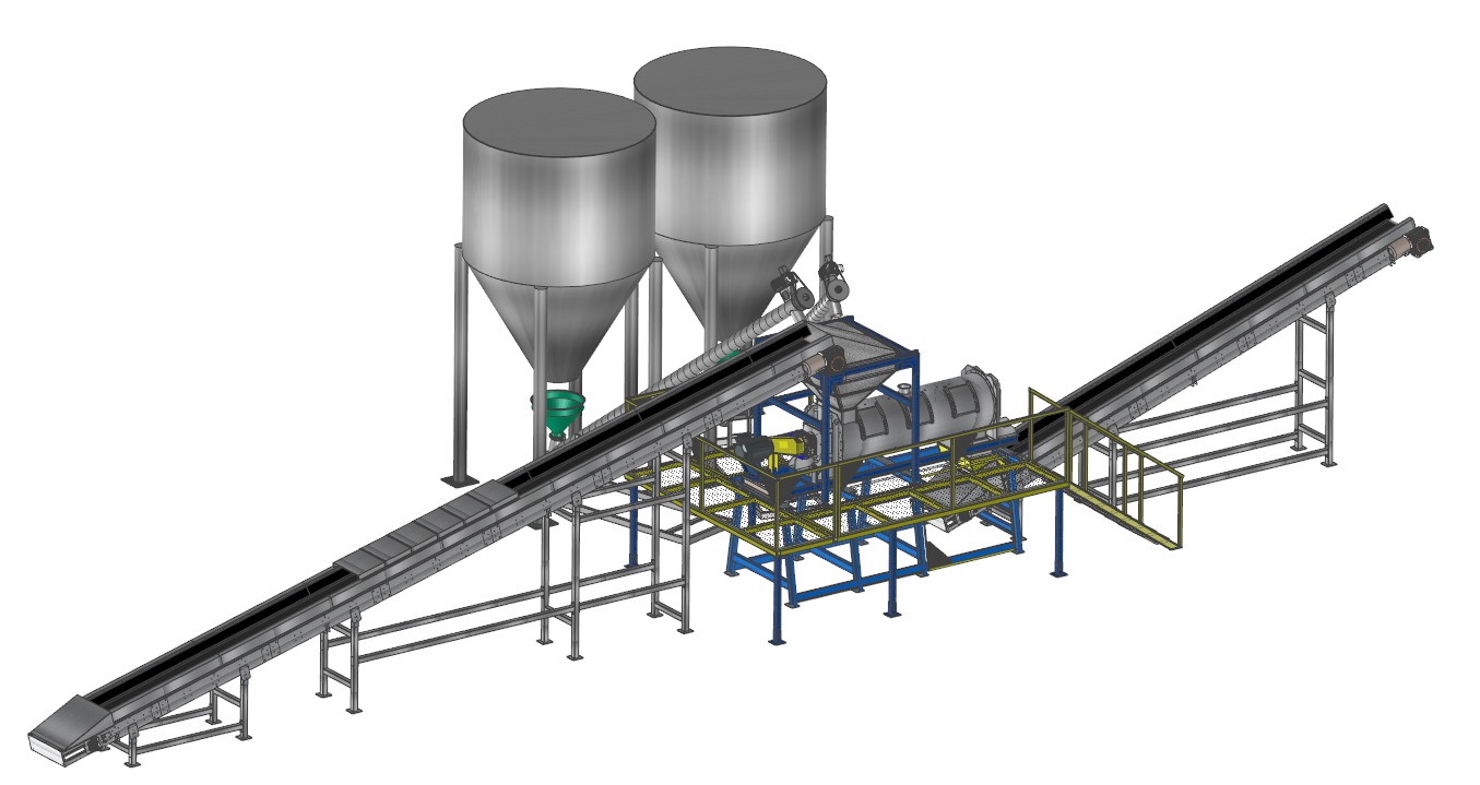 Schemat CAD przedstawiający linię produkcyjną z dwoma silosami, podajnikiem ślimakowym i dwoma przenośnikami taśmowymi na platformie z metalową konstrukcją nośną.