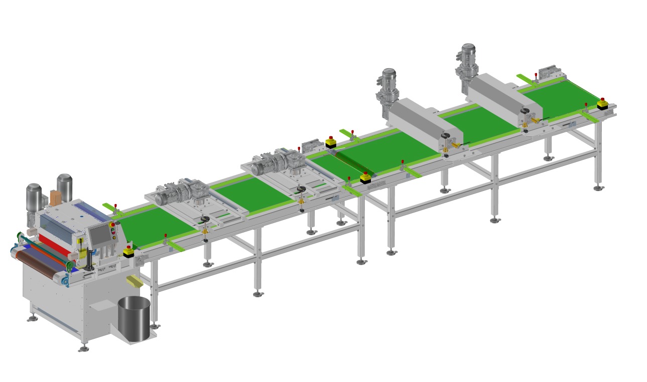 Komputerowy model 3D linii produkcyjnej z zielonymi pasami transportowymi i srebrnymi modułami obróbczymi, ukazany w perspektywie izometrycznej na białym tle.