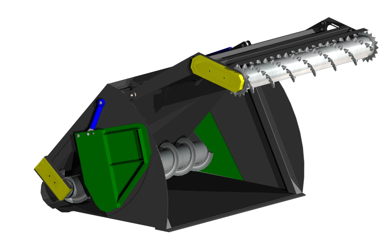 Model 3D frezu rolniczego z ostrzami, widoczne elementy hydrauliczne w kolorze niebieskim, osłony w kolorze zielonym i żółtym.