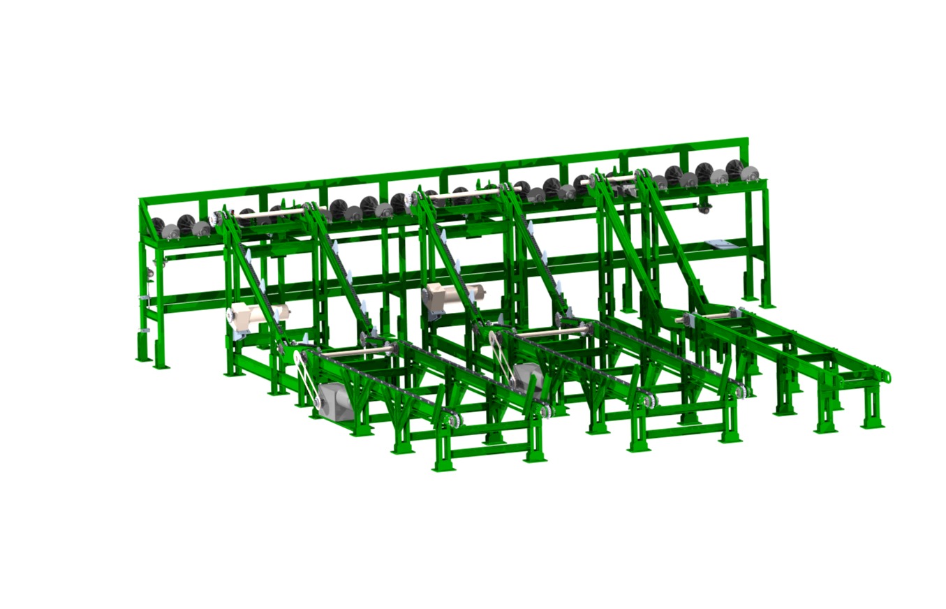 Zielony model 3D systemu przenośników taśmowych z silnikami, widok izometryczny na białym tle.