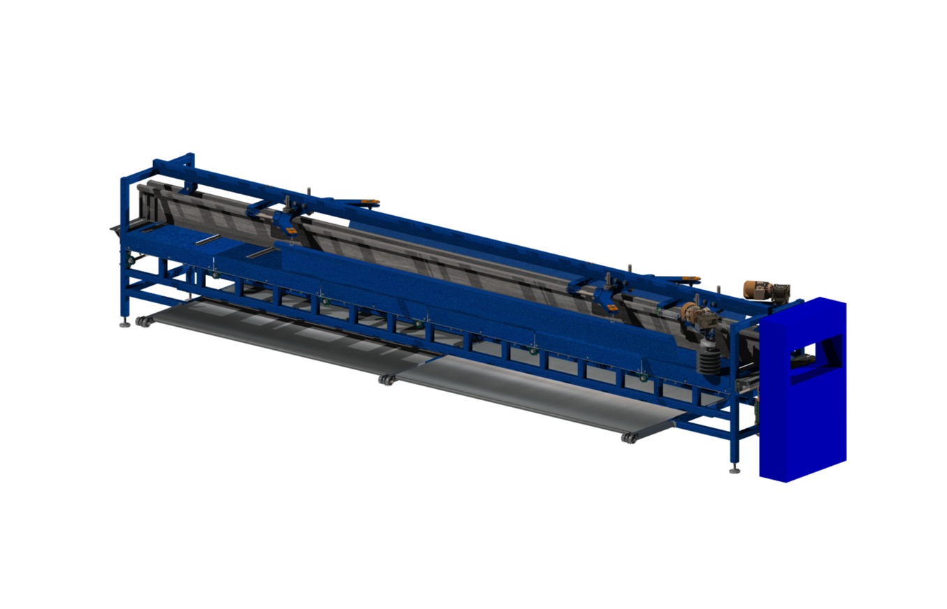 Wizualizacja 3D maszyny przemysłowej w kolorze niebieskim, z widocznymi elementami mechanicznymi i konstrukcją ramową, na białym tle.