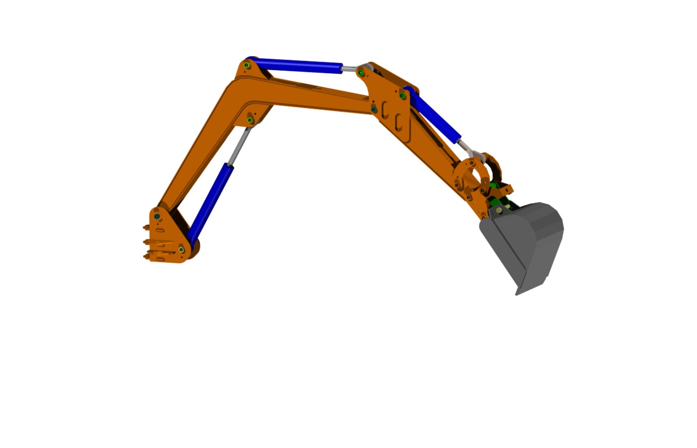 Model 3D ramienia koparki z hydraulicznymi siłownikami i łyżką na białym tle.