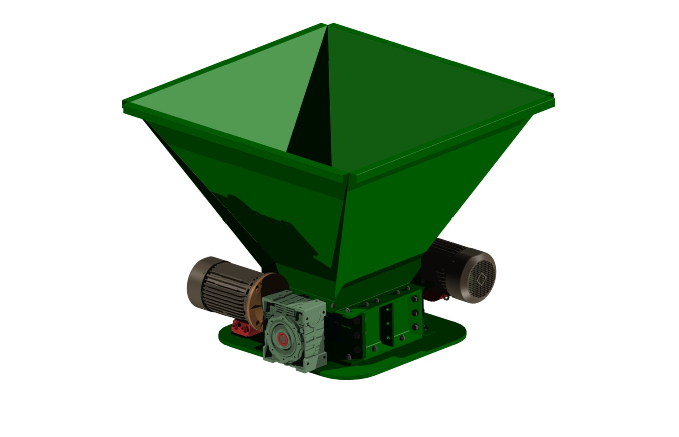 Zielony model 3D podajnika przemysłowego z dwoma silnikami elektrycznymi, prezentowany na białym tle.