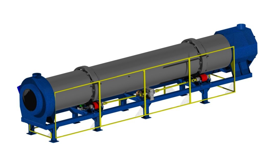 Model 3D przemysłowej suszarki bębnowej z niebieską obudową i żółtymi barierkami ochronnymi, widok perspektywiczny na białym tle.