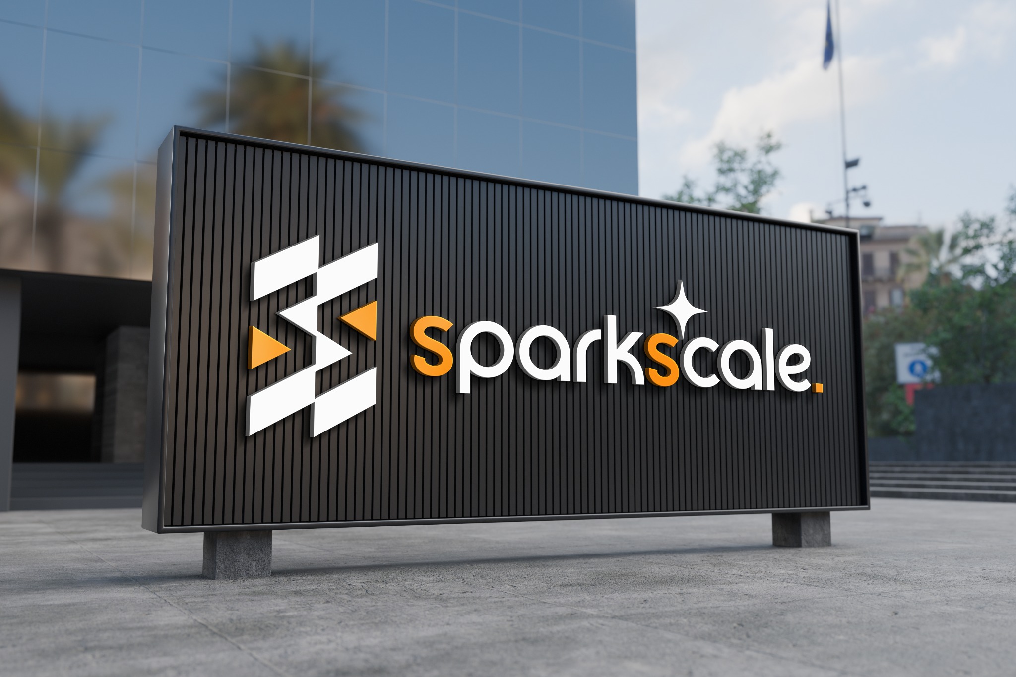 Zewnętrzny szyld z logo 'Sparkscale' na tle nowoczesnego budynku. Logo w kolorach białym i pomarańczowym, umieszczone na czarnym, pionowo żebrowanym tle.