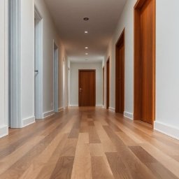 Paweł Mroszczyk - Długi korytarz z drewnianą podłogą i białymi ścianami, oświetlony punktowymi lampami sufitowymi. Widoczne drewniane drzwi po obu stronach korytarza.