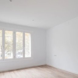 Paweł Mroszczyk - Jasne wnętrze po remoncie: świeżo pomalowane białe ściany, panele podłogowe w odcieniach drewna, okno z widokiem na drzewa. Minimalistyczny design, gładkie powierzchnie.