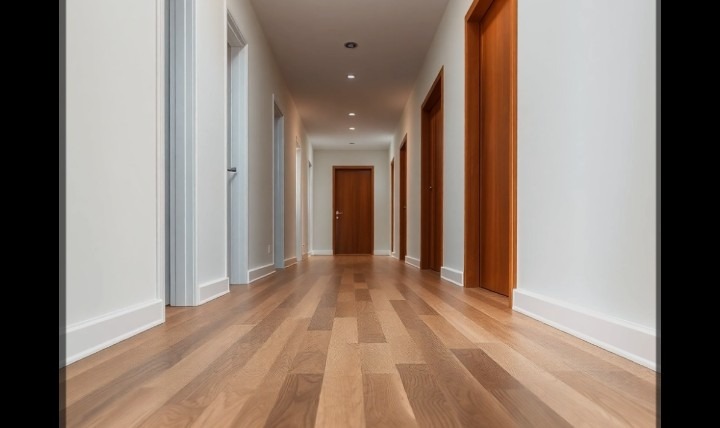 Długi korytarz z drewnianą podłogą i białymi ścianami, oświetlony punktowymi lampami sufitowymi. Widoczne drewniane drzwi po obu stronach korytarza.