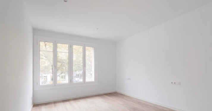 Jasne wnętrze po remoncie: świeżo pomalowane białe ściany, panele podłogowe w odcieniach drewna, okno z widokiem na drzewa. Minimalistyczny design, gładkie powierzchnie.