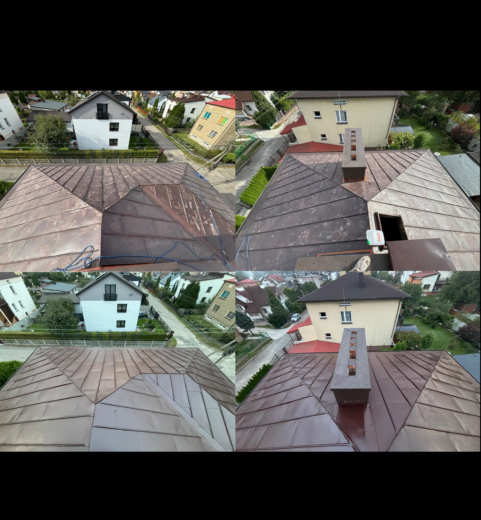 Porównanie fragmentów dachu z blachy trapezowej przed i po czyszczeniu/malowaniu, widoczne różnice w kolorze i stopniu zabrudzenia, komin w tle.