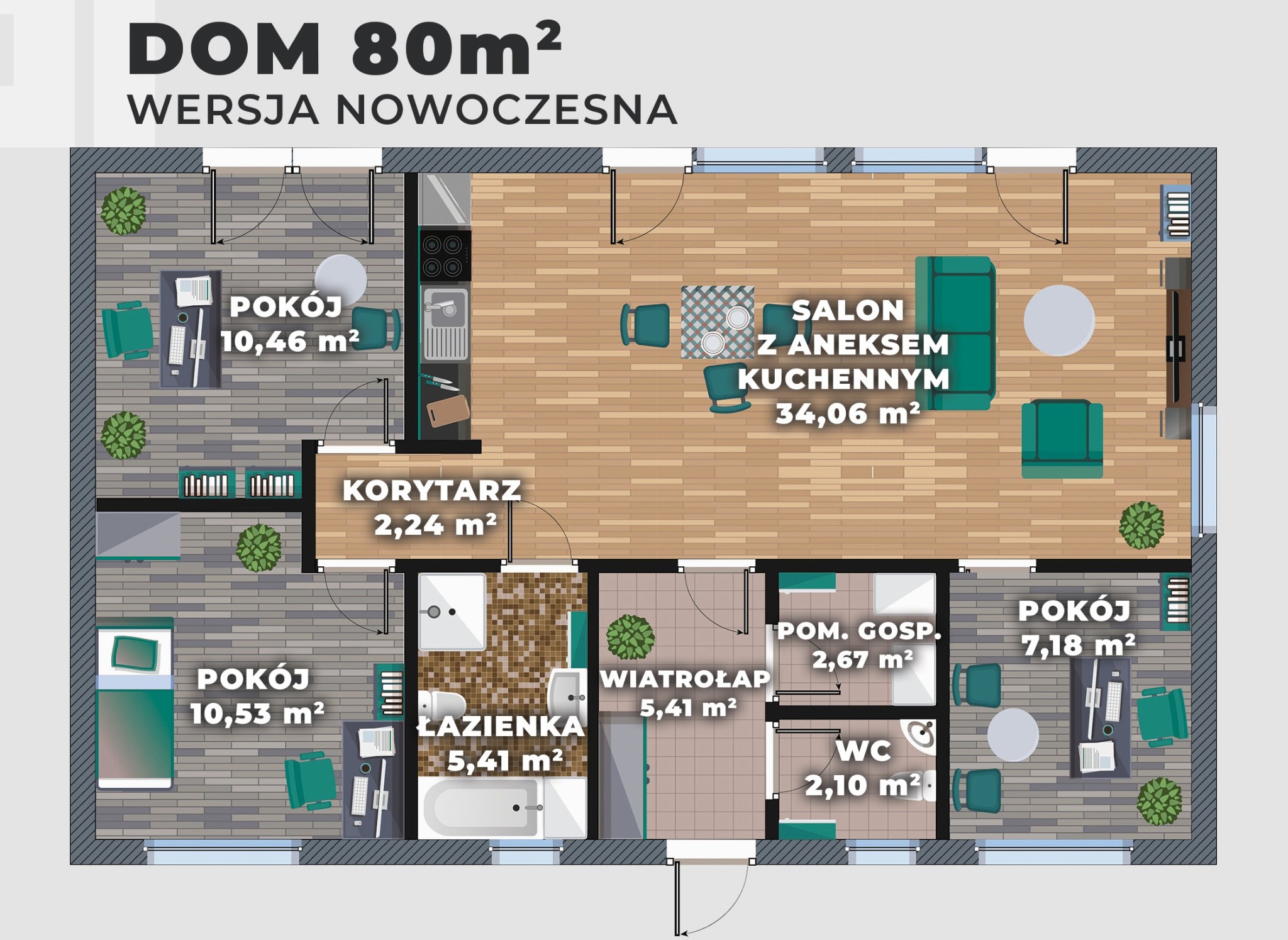 Rzut poziomy nowoczesnego domu o powierzchni 80m2, prezentujący rozkład pomieszczeń: salon z aneksem kuchennym, trzy pokoje, łazienka, wiatrołap, pomieszczenie gospodarcze i WC, z zaznaczonymi...