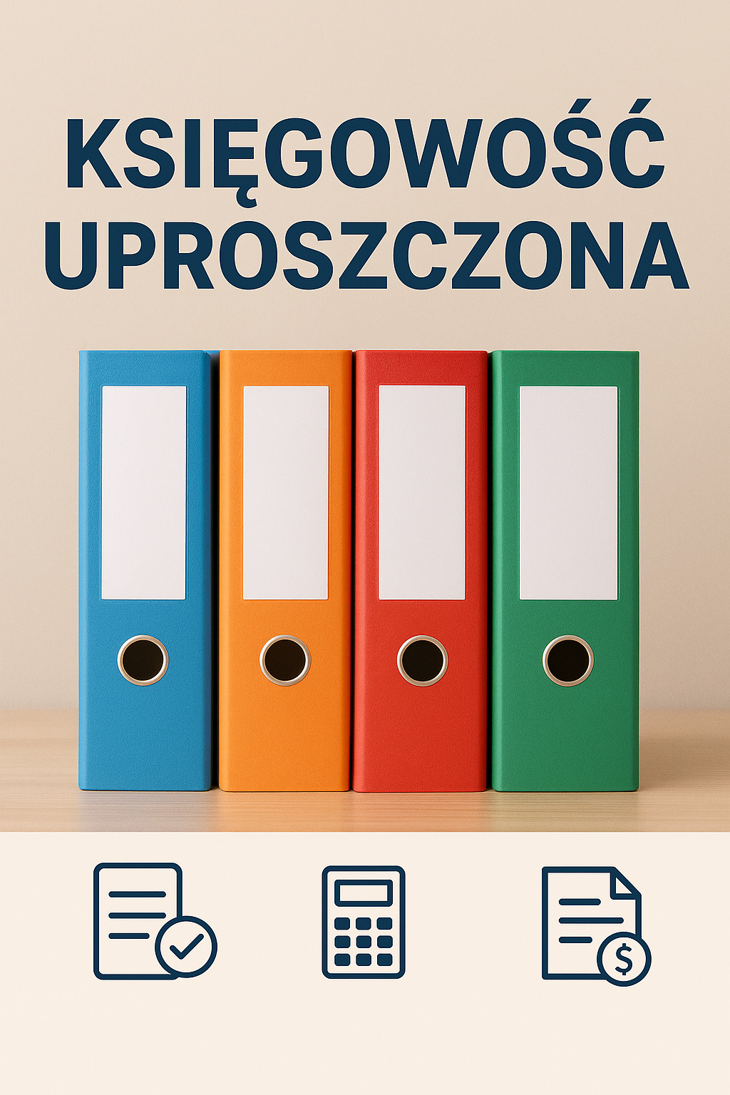 Kolorowe segregatory z napisem 'Księgowość Uproszczona' i ikonami: dokument z ptaszkiem, kalkulator i dokument z dolarem. Stonowana kolorystyka.