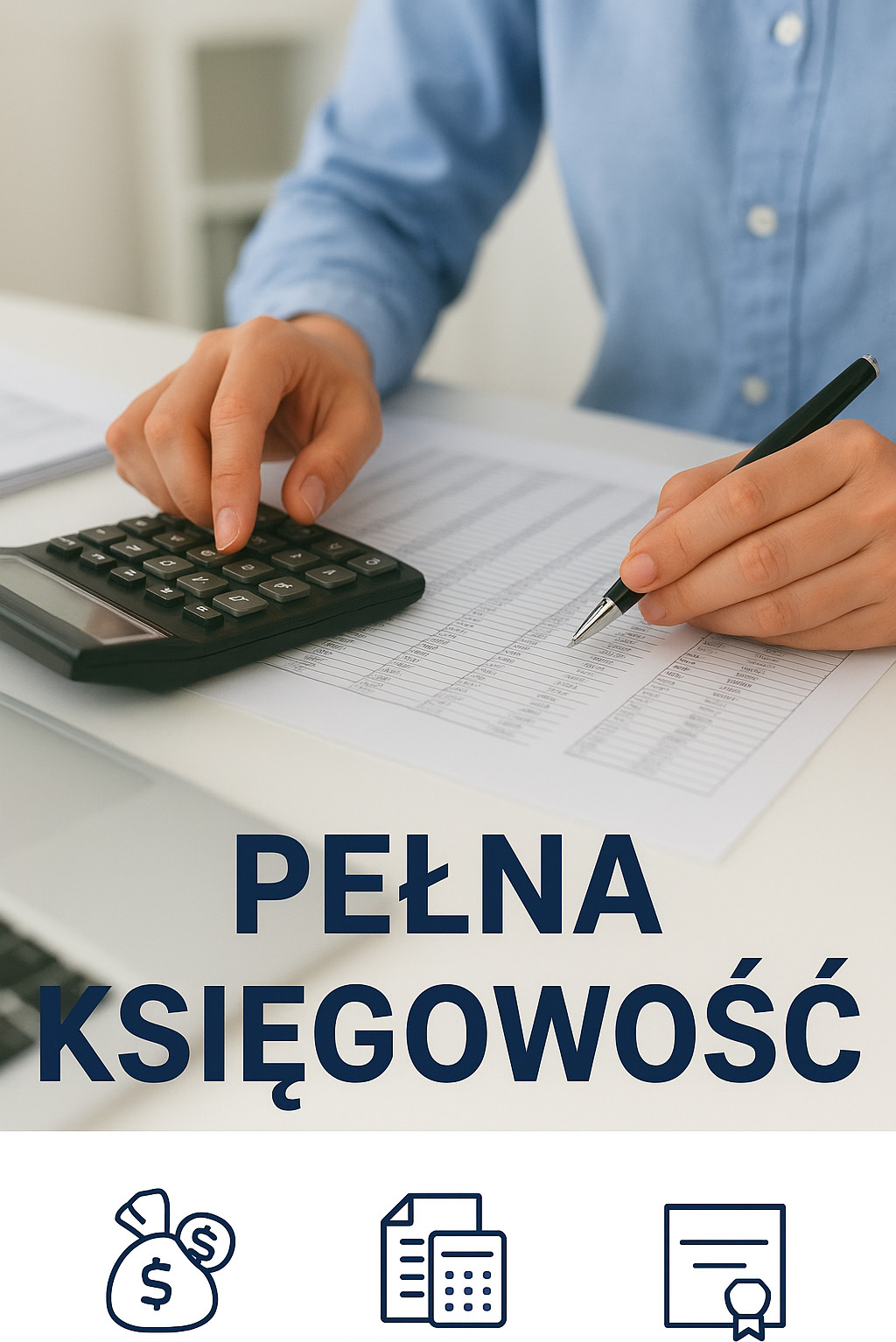 Osoba wypełnia dokumenty kalkulatorem i długopisem na białym biurku. Grafika z napisem 'Pełna księgowość' i ikonami.