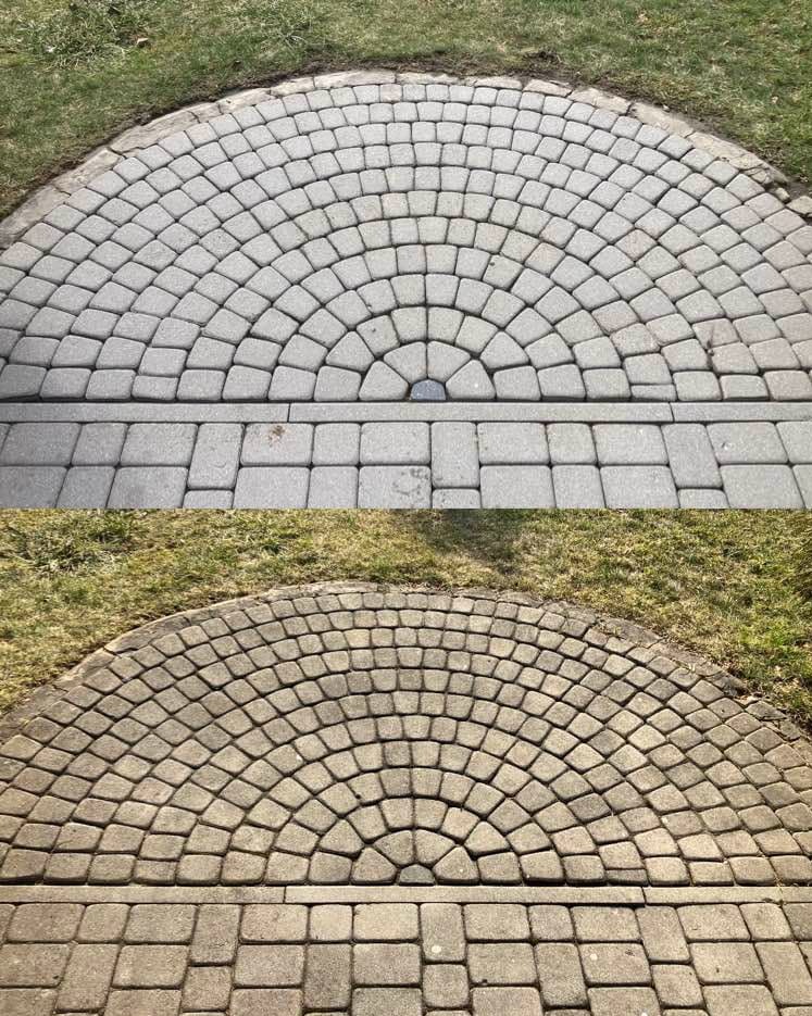 Porównanie kostki brukowej przed i po czyszczeniu, widoczne różnice w kolorze i usunięte zabrudzenia.