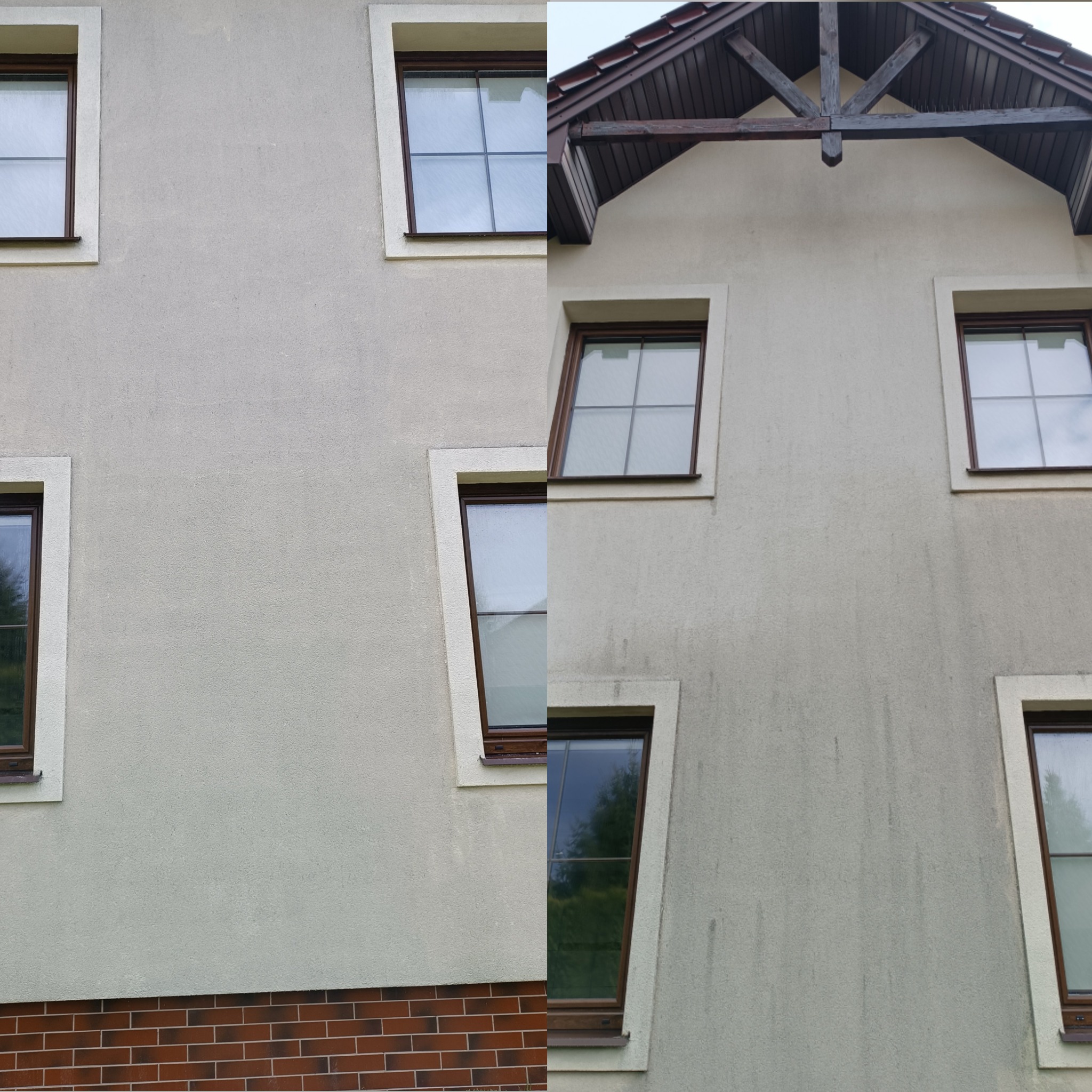 Elewacja budynku przed i po czyszczeniu. Lewa strona ściany odświeżona, prawa z widocznymi zabrudzeniami. Widoczne okna z brązowymi ramami i fragment dachu.