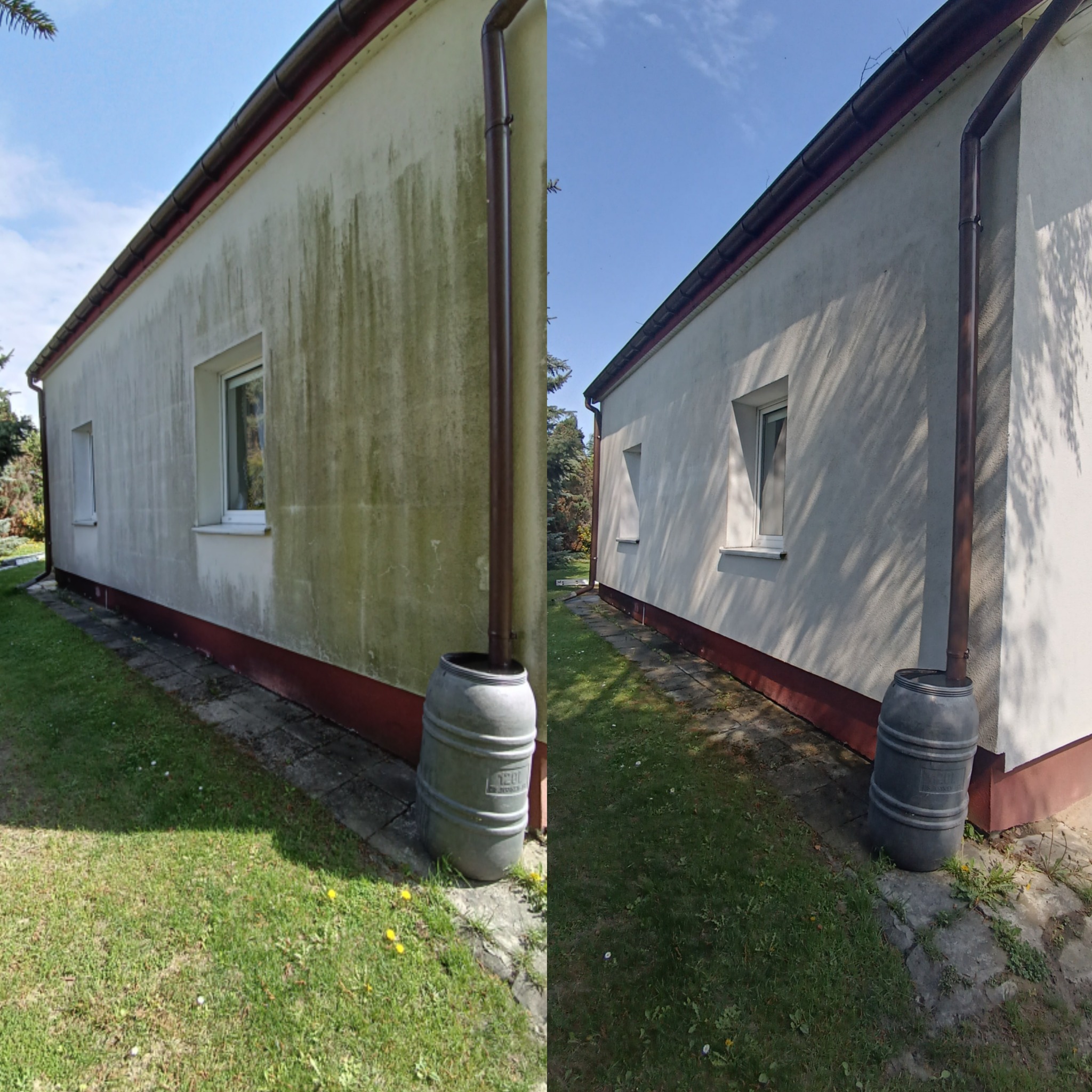 Zdjęcie elewacji budynku przed i po czyszczeniu. Lewa strona pokryta zielonym nalotem, prawa czysta, biała. Widoczne okna, rynna i fragment trawnika.