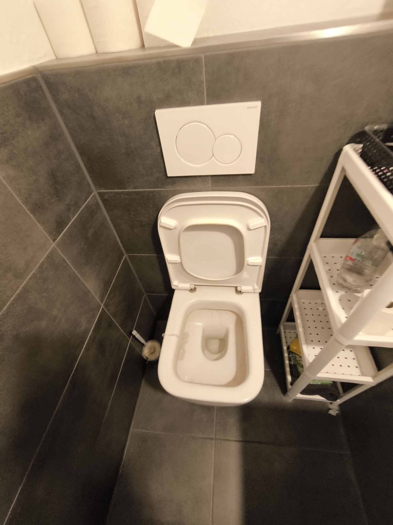 Toaleta z otwartą klapą i szczotką w łazience ze szarymi płytkami w Złotowie. Widoczny biały regał z akcesoriami.