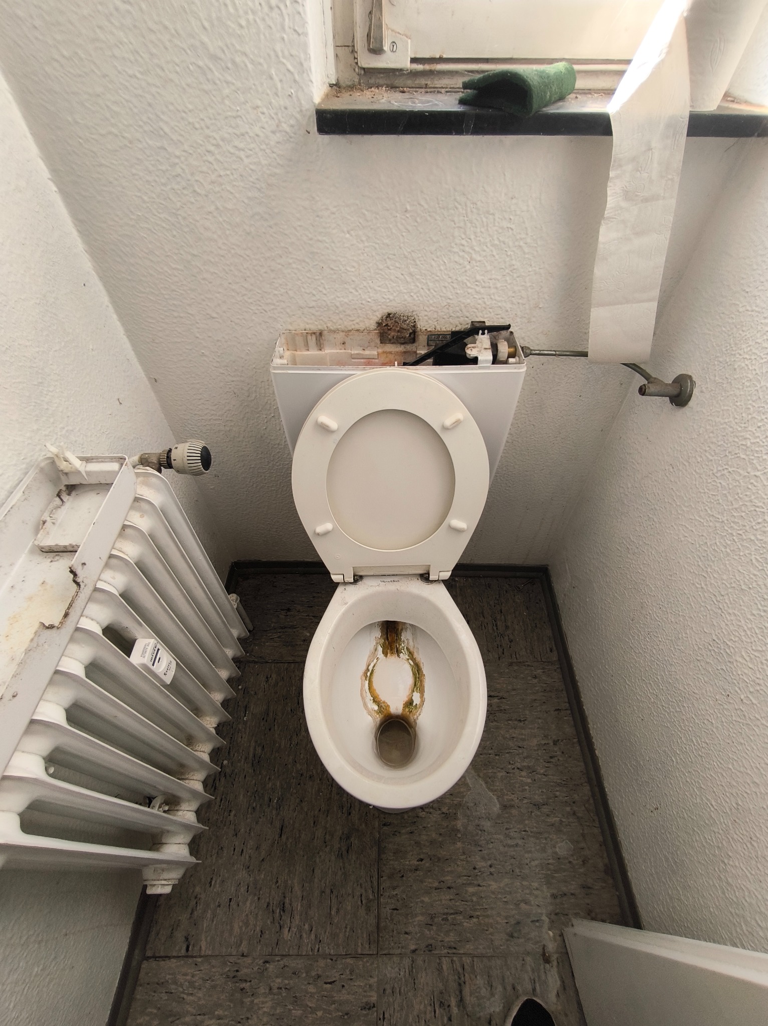 Zaniedbana toaleta z otwartą klapą, widoczne zabrudzenia w muszli, obok stary, zakurzony grzejnik. Na parapecie leży zielona ścierka i rolka papieru toaletowego.