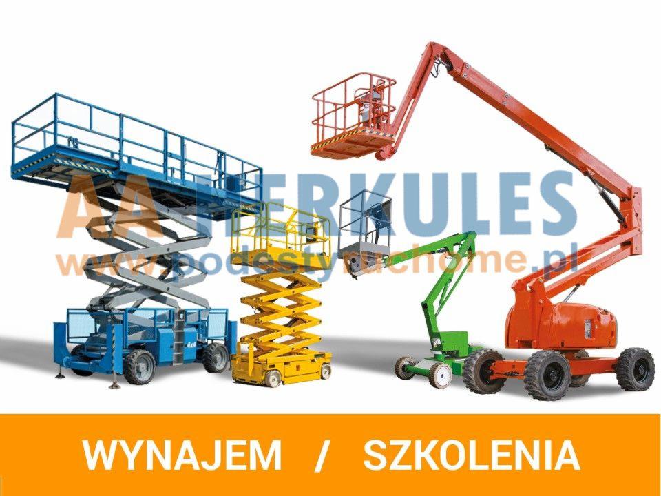 Zestaw czterech podnośników koszowych i nożycowych w różnych kolorach (niebieski, żółty, zielony, pomarańczowy) na białym tle, z widocznym napisem 'Wynajem / Szkolenia' u dołu.