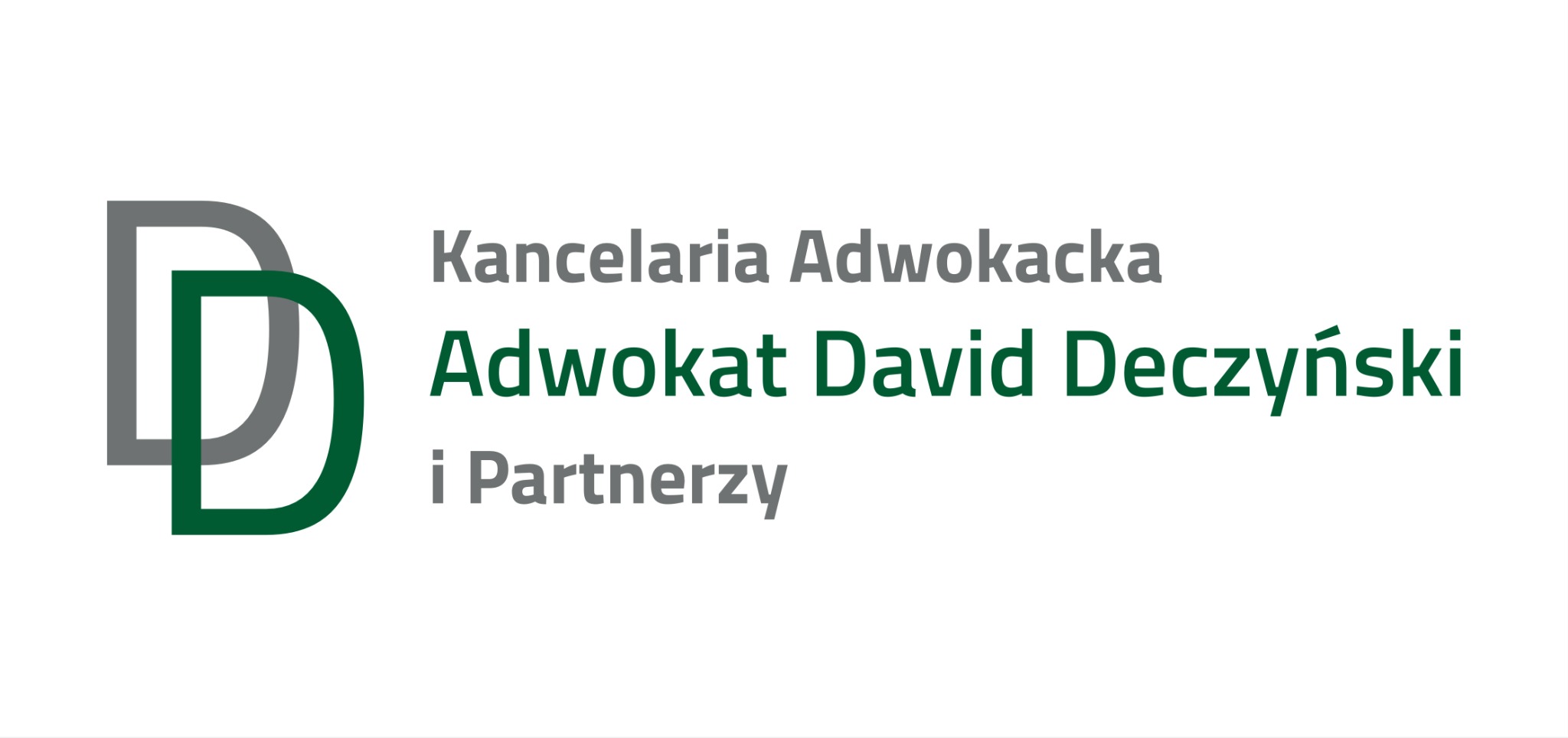 Logo Kancelarii Adwokackiej Adwokat David Deczyński i Partnerzy z podwójnym, częściowo nakładającym się znakiem graficznym D w kolorach szarości i zieleni.