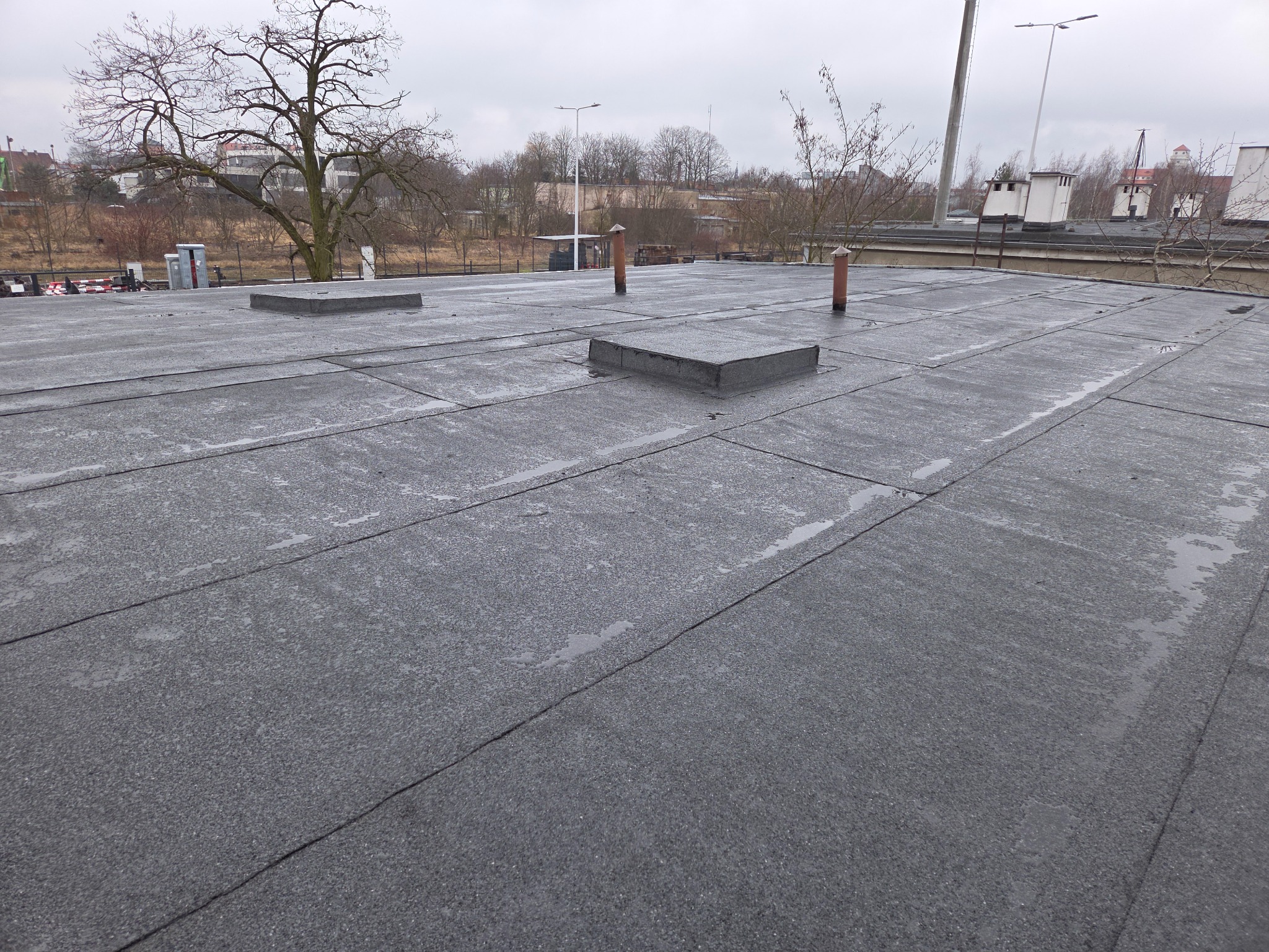 Szary, płaski dach pokryty papą z widocznymi kominami wentylacyjnymi i elementami konstrukcyjnymi. W tle drzewa bez liści i budynki w oddali, pochmurne niebo.