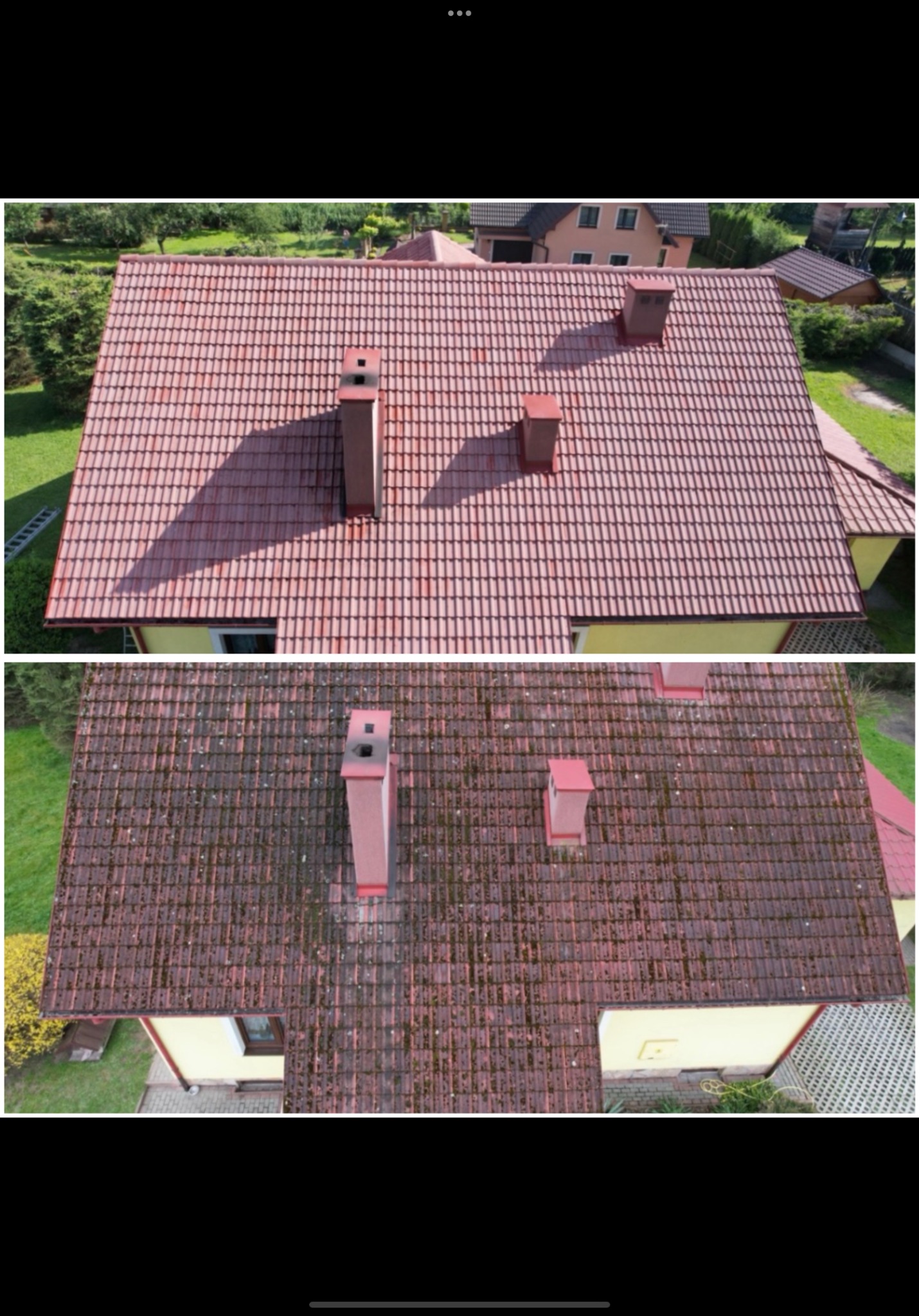 Zdjęcie dachu domu przed i po czyszczeniu, widoczne wyraźne usunięcie mchu i zabrudzeń. Dachówka w odcieniach czerwieni, trzy kominy. Ujęcie z góry.