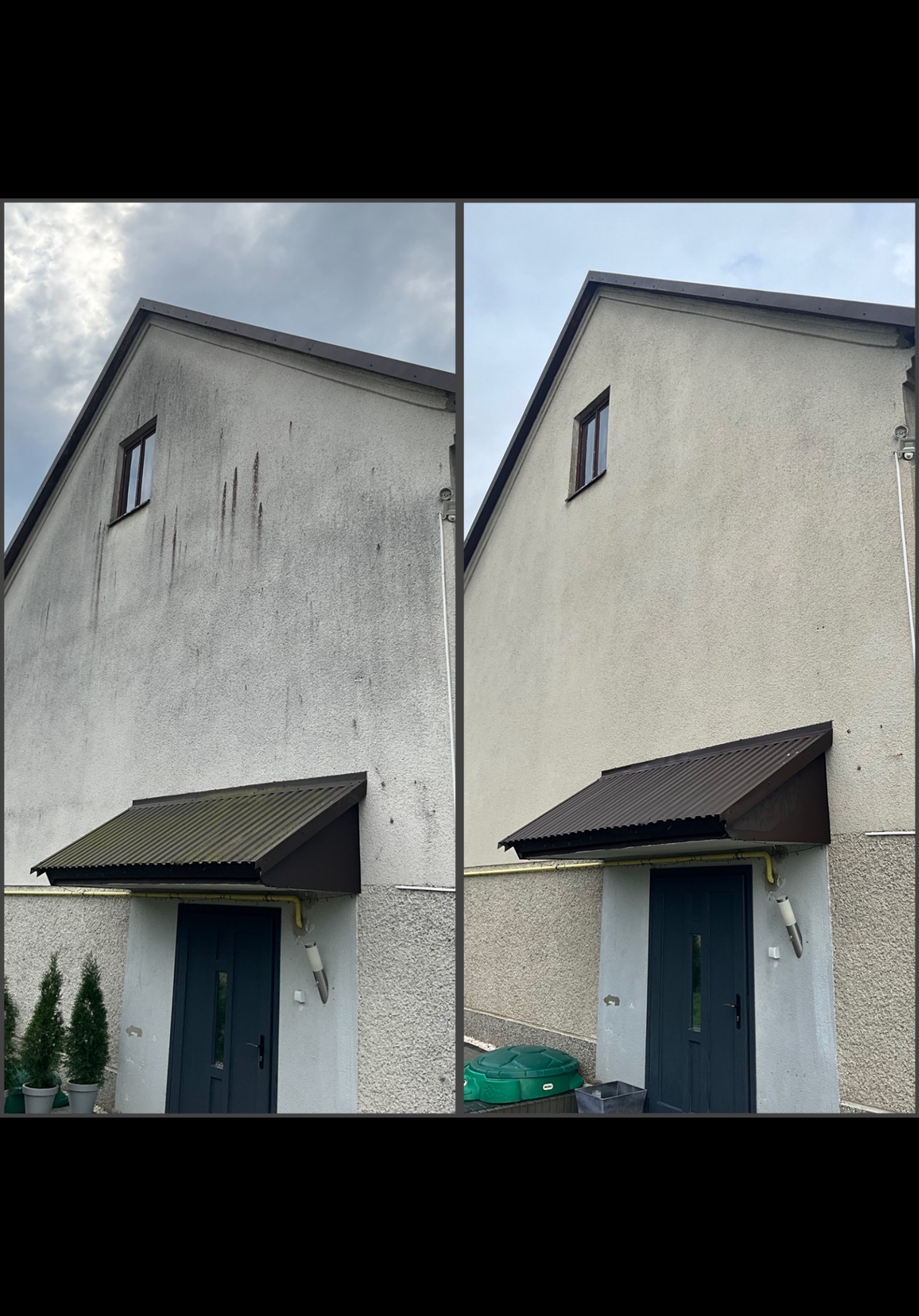 Dom przed i po czyszczeniu elewacji. Lewa strona brudna, prawa czysta. Widoczna faktura tynku baranka. Okno na poddaszu i zadaszenie nad drzwiami.