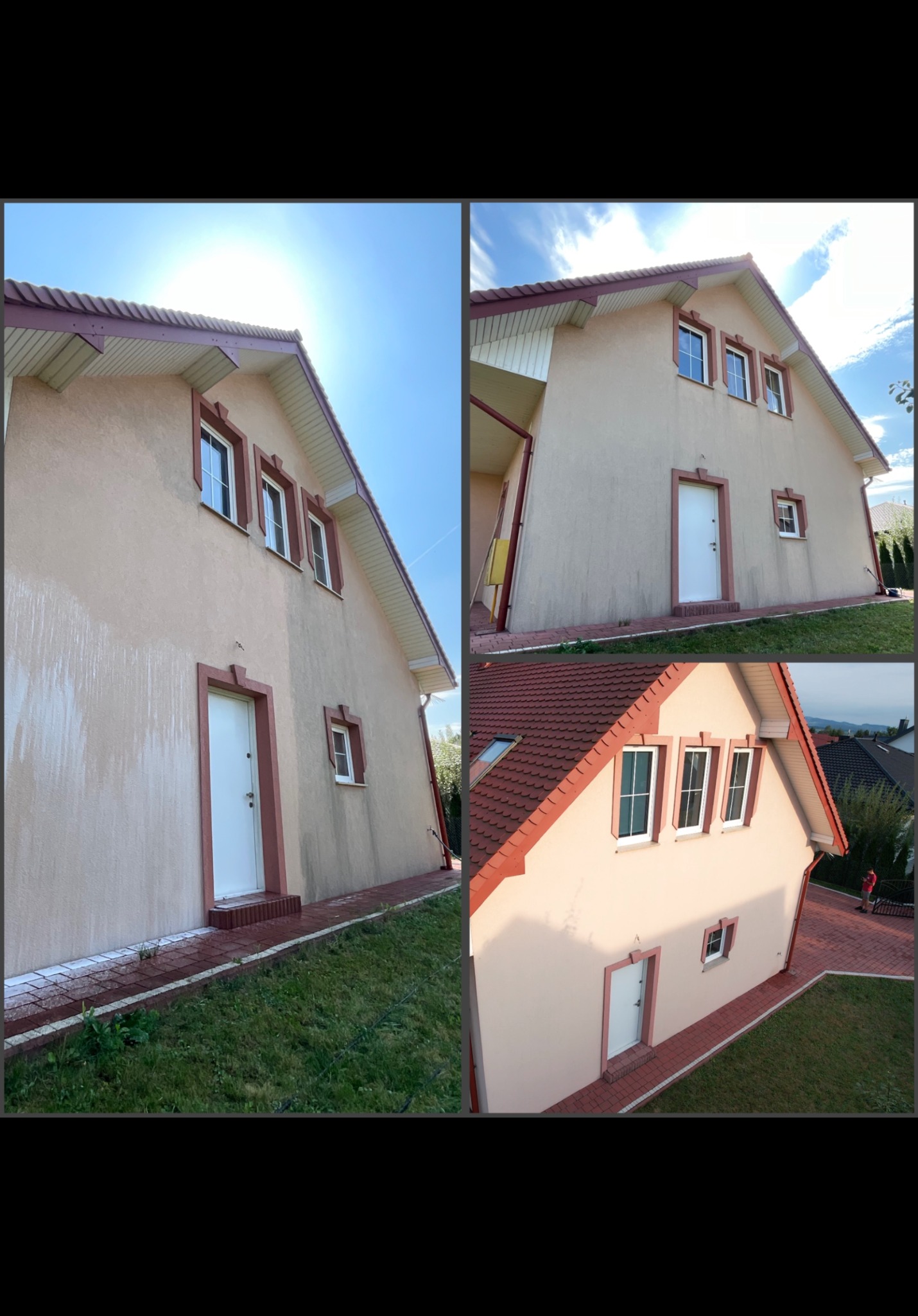 Dom z beżową elewacją w kadrze przed i po czyszczeniu. Widoczne różnice w czystości ścian, odświeżony wygląd. Czerwona dachówka i obramowania okien.