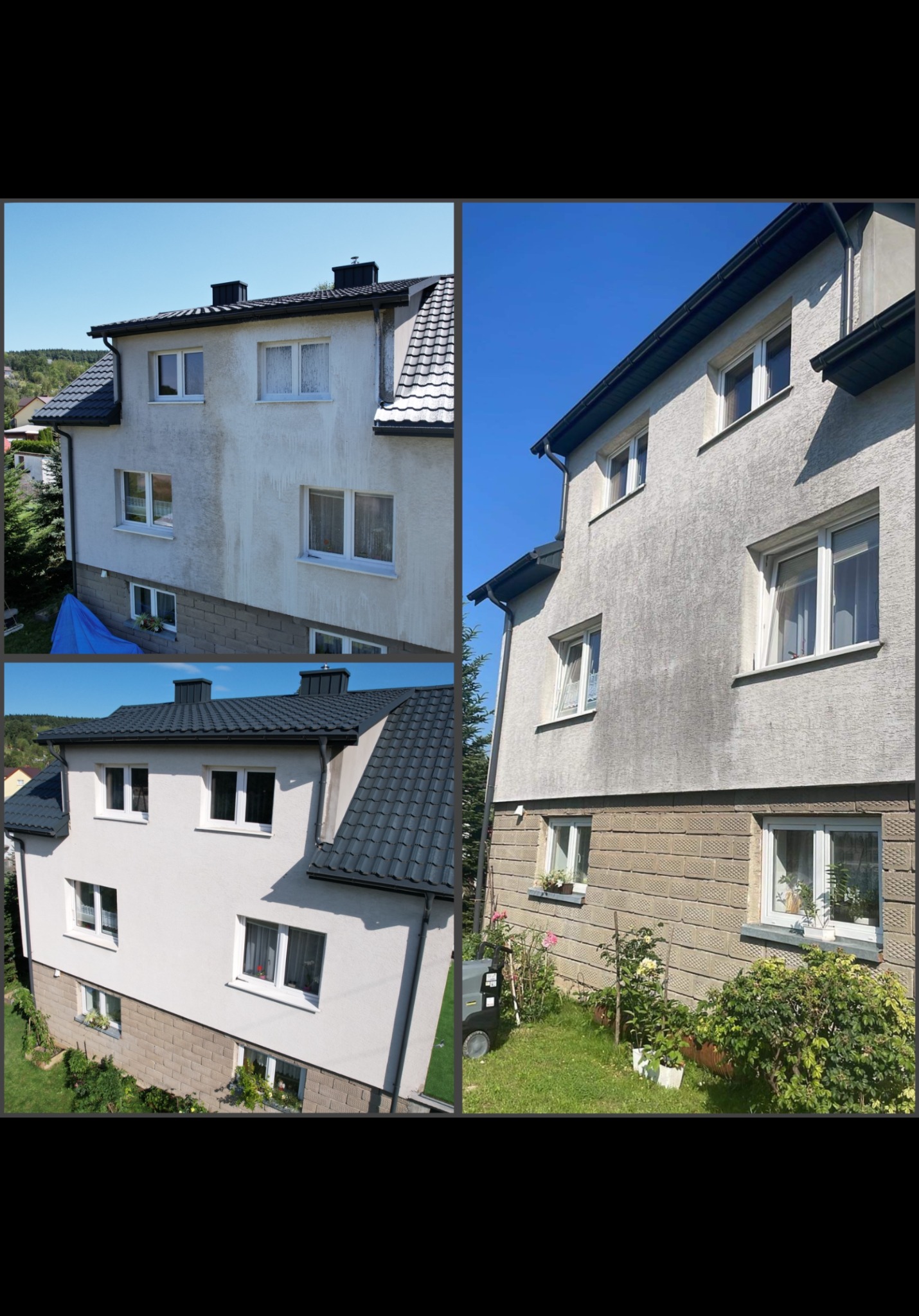 Zdjęcie domu przed i po czyszczeniu elewacji, ukazujące różnicę w wyglądzie ścian. Widoczny fragment ogrodu i urządzenie do czyszczenia.