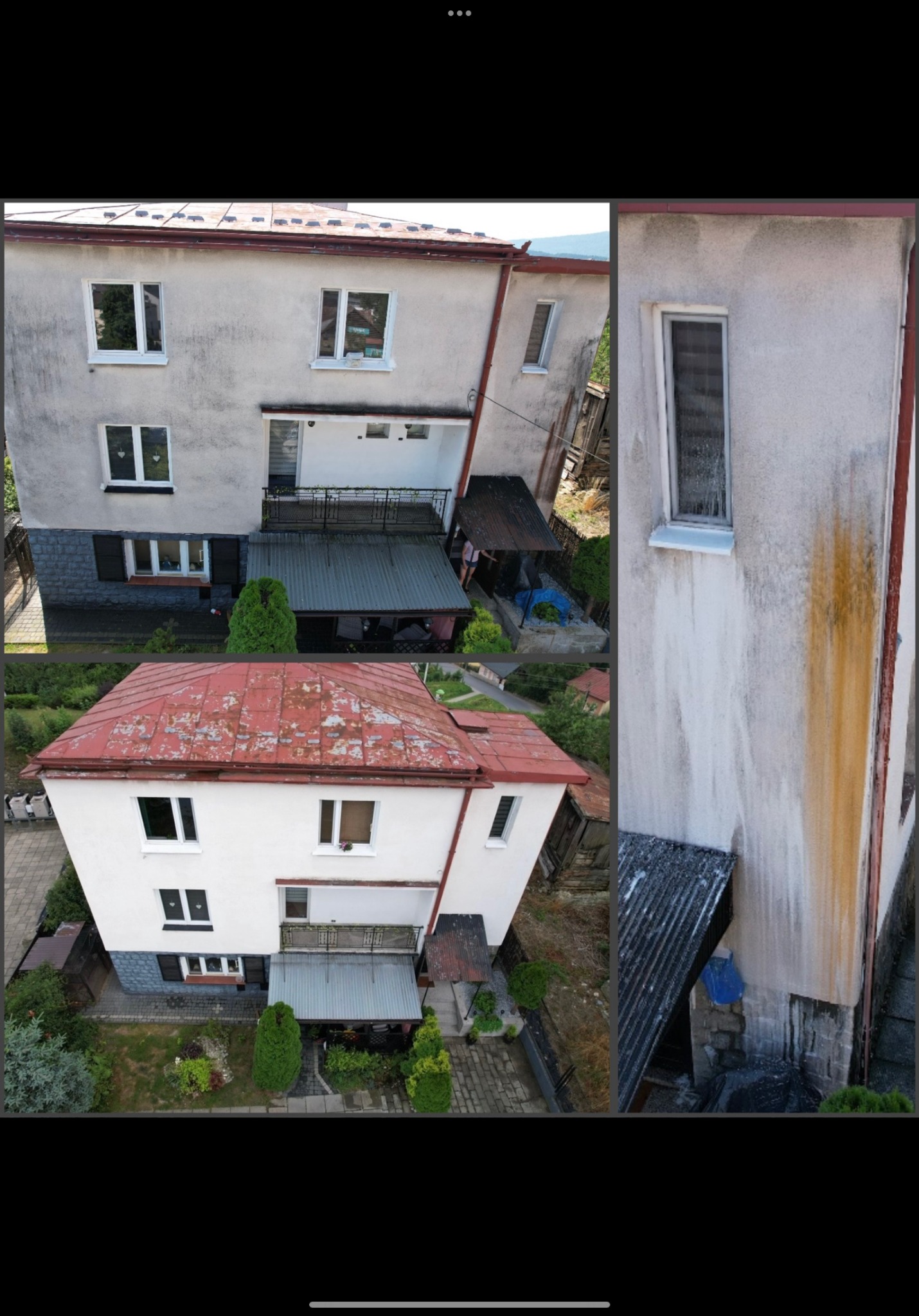 Dwuczęściowe ujęcie z drona: dom z czerwoną dachówką i szarą elewacją przed oraz w trakcie czyszczenia, widoczne zacieki i spływająca woda.