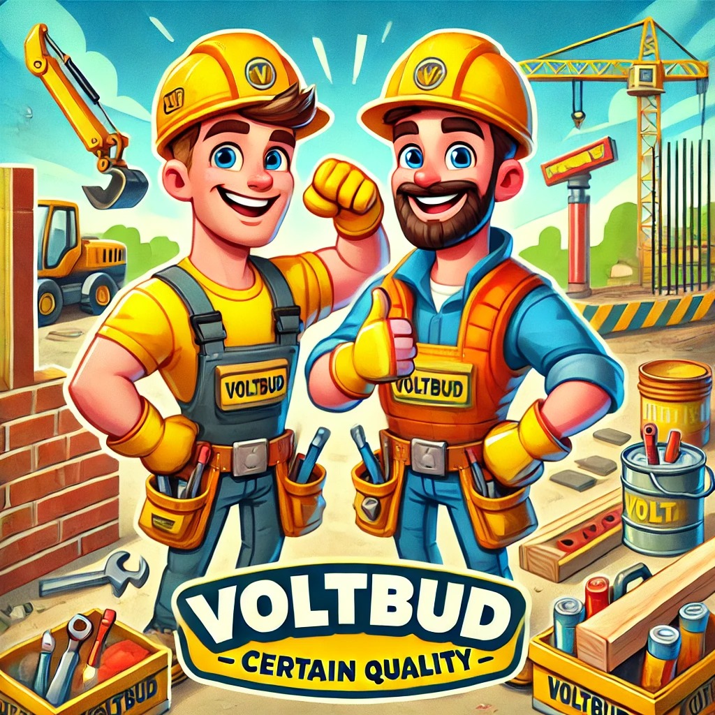 Karykaturalni budowlańcy w kaskach, z narzędziami i logo firmy na tle budowy z dźwigiem i koparką. Grafika promująca usługi budowlane.