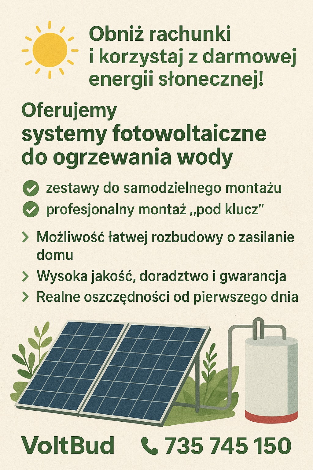 Grafika: System fotowoltaiczny do ogrzewania wody. Oferta obejmuje zestawy do samodzielnego montażu i profesjonalny montaż 'pod klucz'. Kontakt: VoltBud.