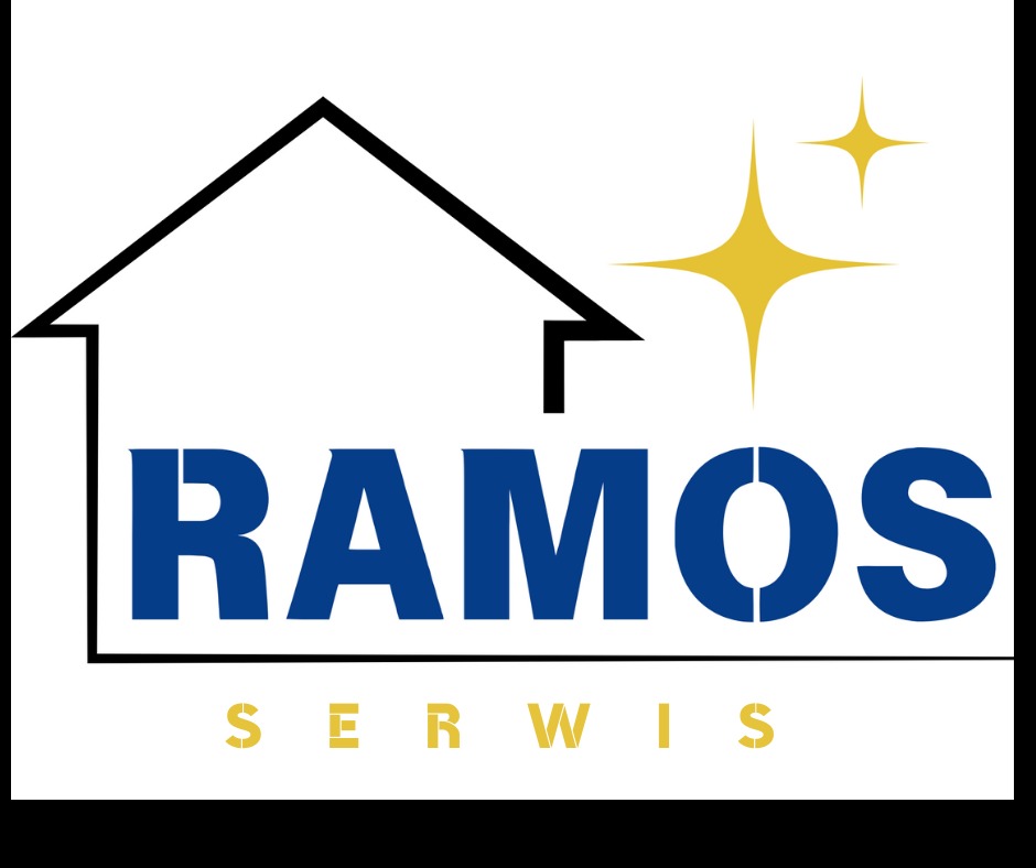 Logo firmy Ramos Serwis z motywem domu, gwiazd i napisem w kolorze niebieskim i złotym.