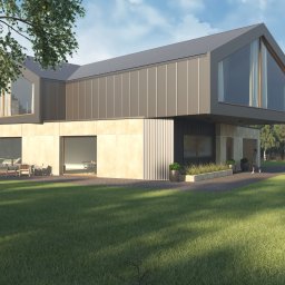 Mirage Studio Sebastian Rzymski - Wizualizacja nowoczesnego domu z płaskim dachem i dużymi oknami, otoczonego zielonym trawnikiem i drzewami. Osoba wchodzi do domu. Uwagę przykuwa minimalistyczny design.