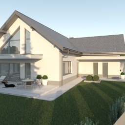 Mirage Studio Sebastian Rzymski - Wizualizacja nowoczesnego domu jednorodzinnego z ogrodem, tarasem i psem. Jasna elewacja, szara dachówka, duże okna. Widok z perspektywy ogrodu, w tle zaparkowany samochód.